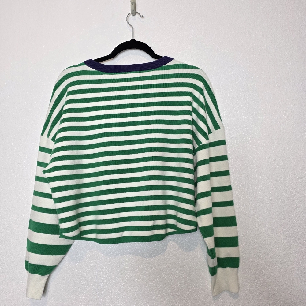 Daily Practice Anthropologie Striped Boxy Crop Sweater Green White Size Large - Picture 11 of 11